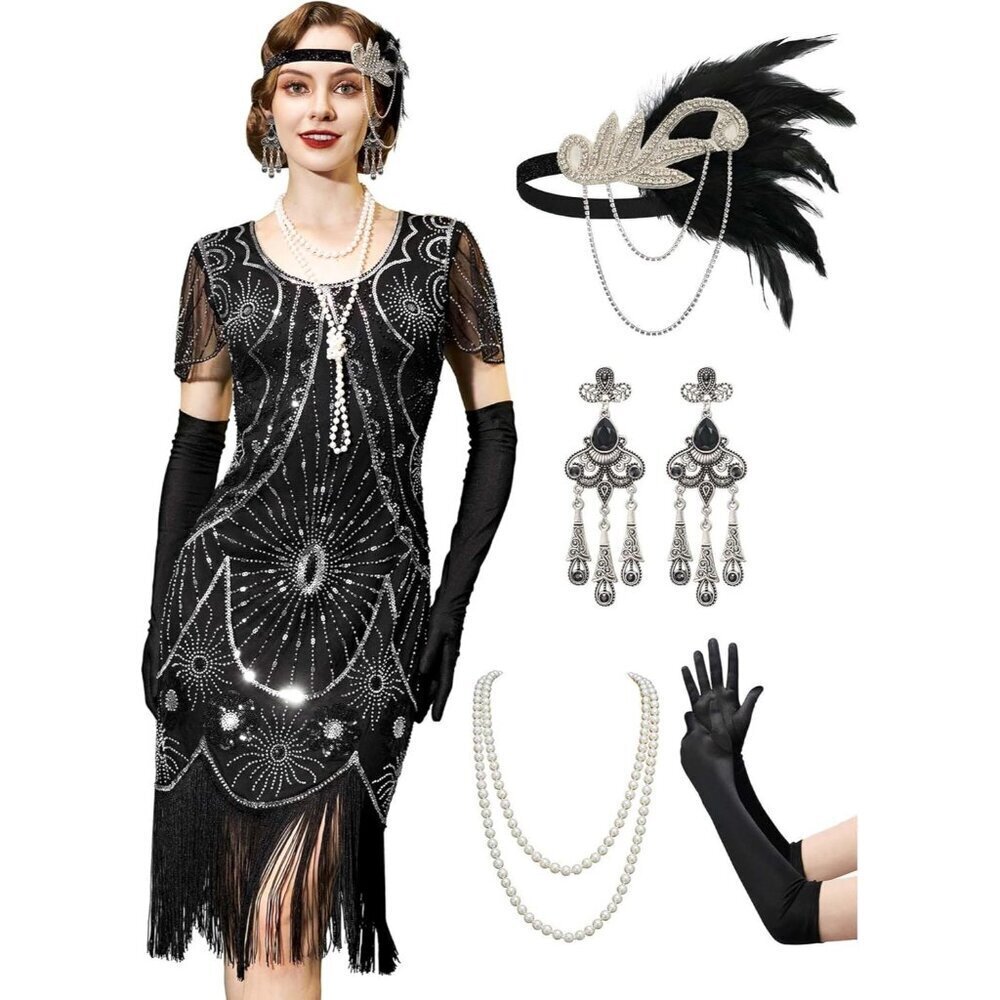 1920s Flapper Dress Polyester X-Large Black Silver Elegant Costumes